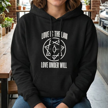 Thelema Love Is The Law hoodie featuring an occult star sigil design.