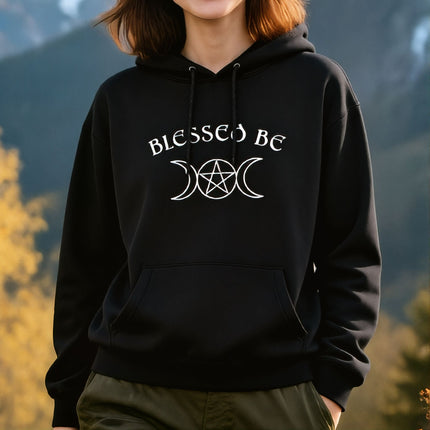 Black "Blessed Be" hoodie featuring a triple moon pentagram graphic for pagan and witchy spiritual wear.