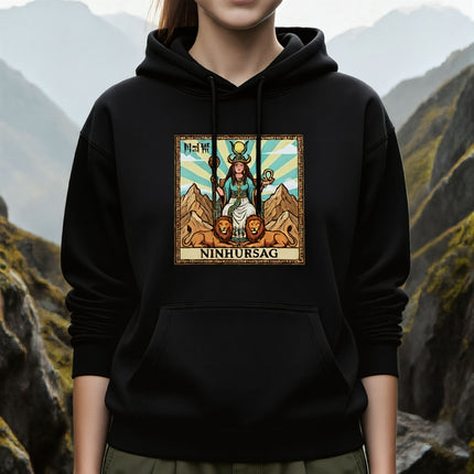 Ninhursag Sumerian goddess art on a black hoodie, featuring Mesopotamian mythology design.