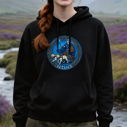 Freyja Norse Goddess chariot graphic on black unisex mythology hoodie.