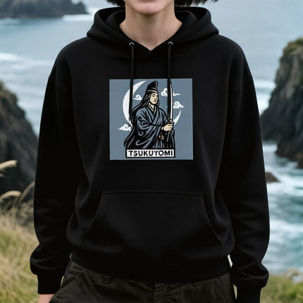 Tsukuyomi Japanese Moon God Samurai graphic on black hoodie. Mythology apparel.