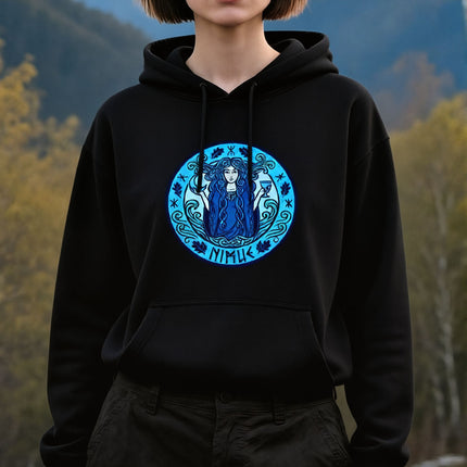 Circular Nimue Lady of the Lake water spirit graphic on a black hoodie.