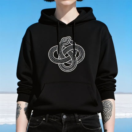 Black hoodie featuring a white Norse Ouroboros knotwork design. Intertwined Viking serpent symbol.