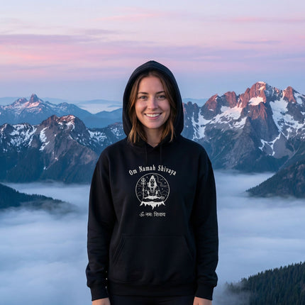 Black Om Namah Shivaya Shiva hoodie featuring Hindu spiritual mantra design.