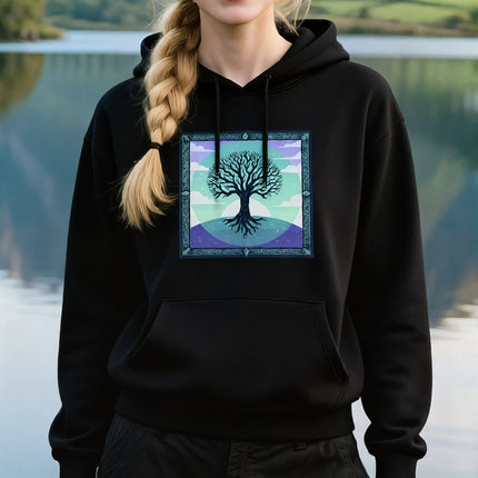 Mystical Celtic Tree of Life graphic print on a black pullover hoodie.