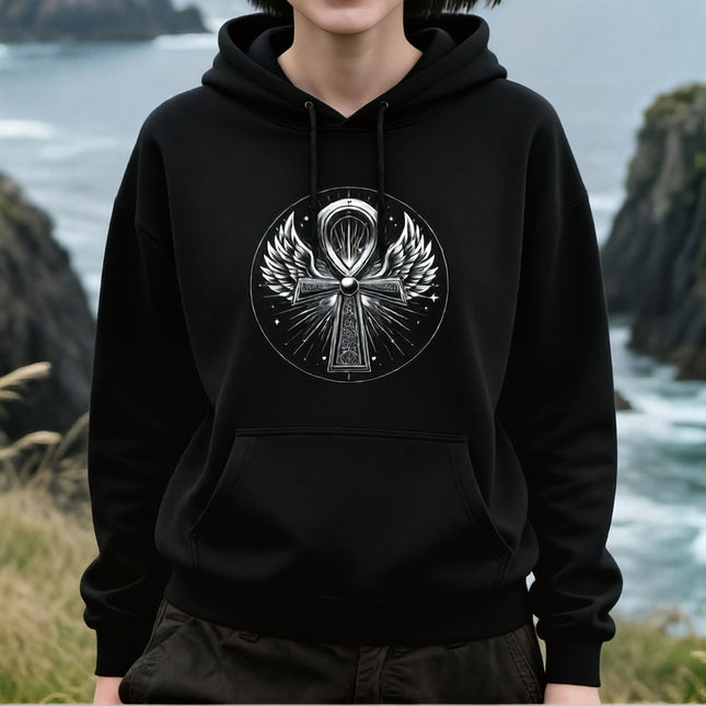 Ankh With Wings Hoodie - Ancient Egyptian Mythology Graphic Unisex Pullover V3