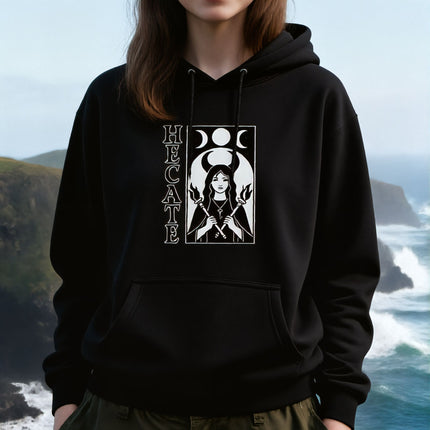 Hecate goddess triple moon witchcraft hoodie with pagan symbolism.