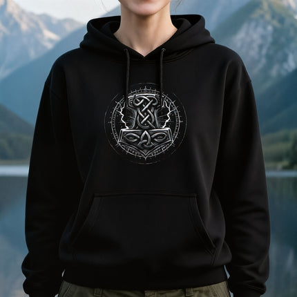 Thor Mjolnir Norse symbol graphic on a black Viking hoodie.