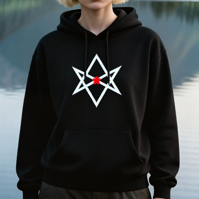 Unicursal Hexagram Hoodie | Thelemic Red Flower Unisex Pullover V2