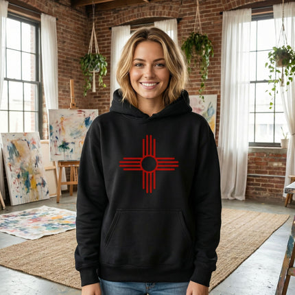Native American Red Zia Sun Symbol Hoodie | New Mexico Unisex Pullover V3