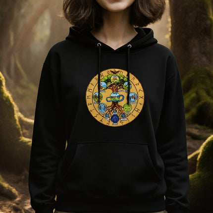 Norse Yggdrasil World Tree graphic hoodie featuring the nine realms and cosmic runes.