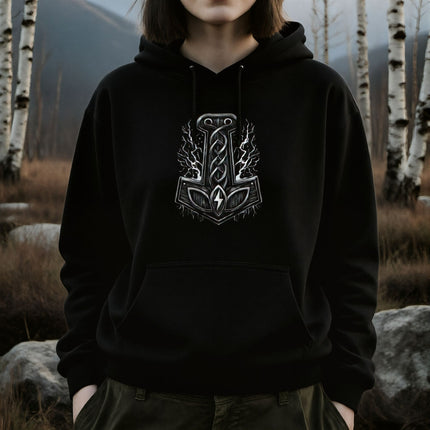 Viking Thor Mjolnir hoodie featuring Norse lightning knotwork design.