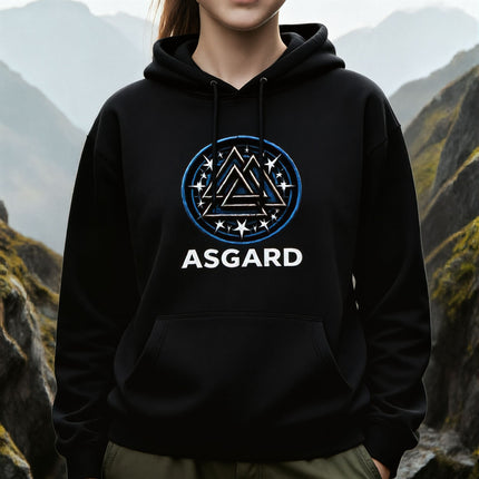 ASGARD Norse mythology hoodie with a circular three-triangle symbol.