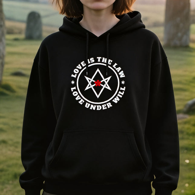 Unicursal Hexagram Love Is The Law Hoodie | Crowley Thelema Unisex Pullover V3