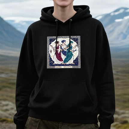 Moirai, the Greek Fates, goddesses of destiny, printed on a black pullover hoodie.