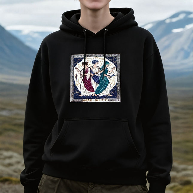 Moirai, the Greek Fates, goddesses of destiny, printed on a black pullover hoodie.