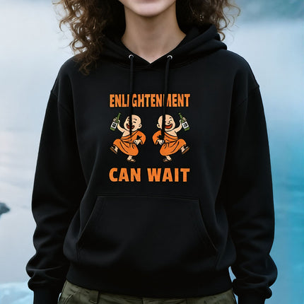 Funny monk hoodie graphic showing two monks drinking and the text "Enlightenment Can Wait.
