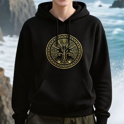 Norse Yggdrasil World Tree graphic on a black pullover hoodie. Golden design print.