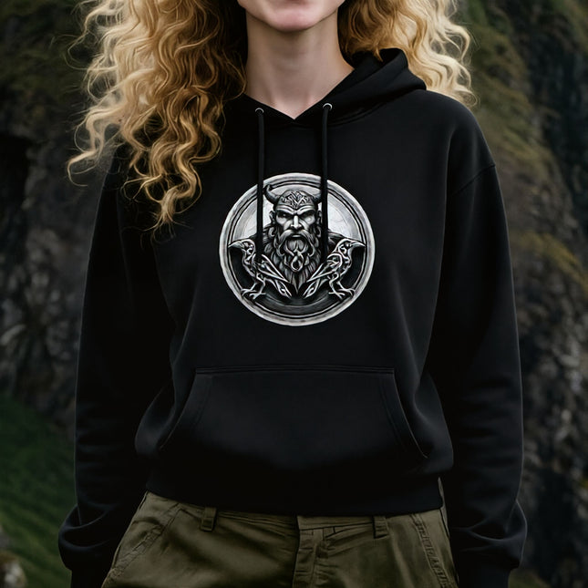 Odin Norse mythology raven emblem graphic featuring Viking style.