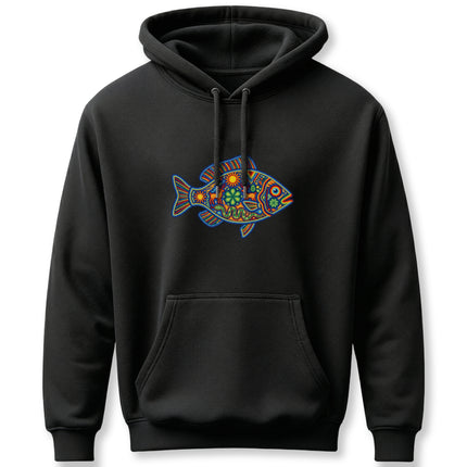 Vibrant Mexican folk art fish design on a black unisex hoodie.