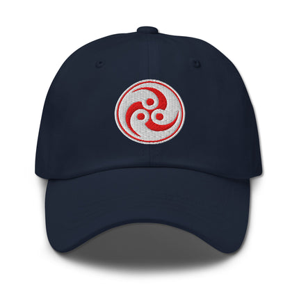 Red Japanese baseball cap featuring embroidered Tomoe and Mitsudomoe symbols.