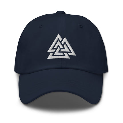 Embroidered Norse Valknut symbol baseball cap for Viking warriors.