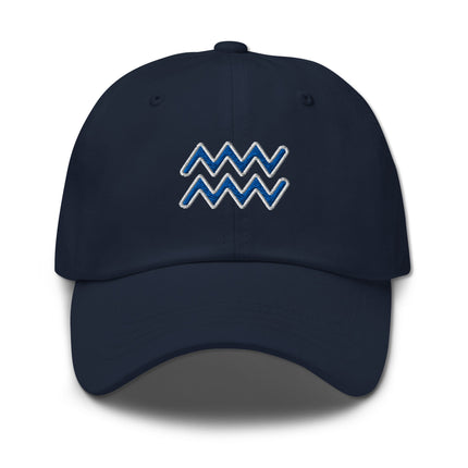 Embroidered blue dad cap featuring the Aquarius zodiac constellation symbol for astrology fans.