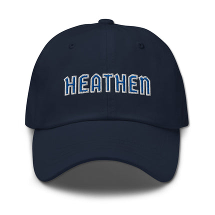 Blue and white embroidered dad hat featuring "Heathen" text design on an unstructured baseball cap.