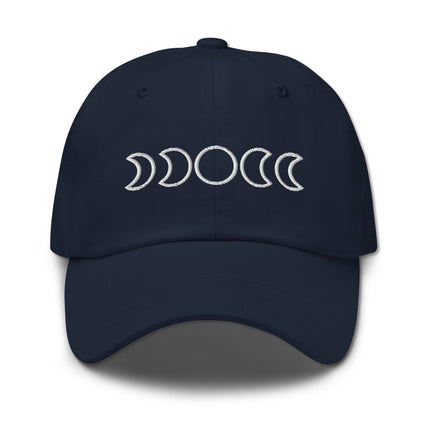 Embroidered baseball cap featuring a detailed lunar cycle moon phases graphic.