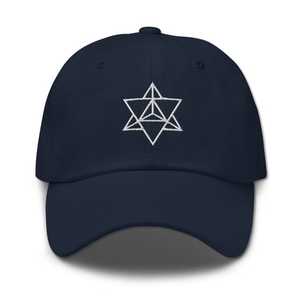 Embroidered Merkaba symbol dad hat featuring sacred geometry design.