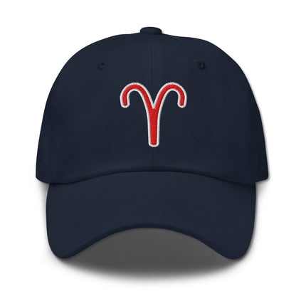 Black embroidered baseball cap featuring the red Aries zodiac sign symbol.