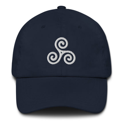 Embroidered Triskelion Celtic dad hat featuring a spiral knot pattern.