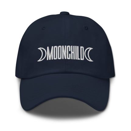 Black embroidered baseball cap featuring a celestial crescent moon symbol.