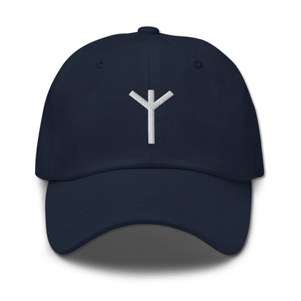 Embroidered Algiz rune baseball cap featuring the Norse Elder Futhark protection symbol.