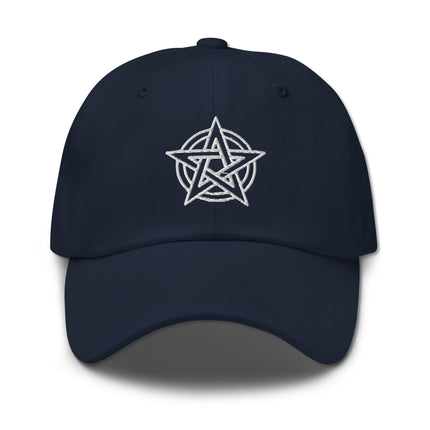 Embroidered pentagram occult pentacle design on an unstructured cotton dad hat.