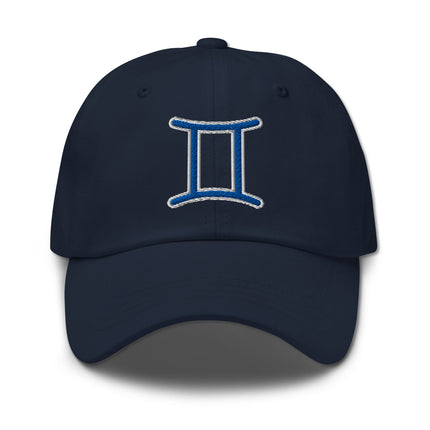 Blue embroidered Gemini zodiac symbol baseball cap for astrology fans.