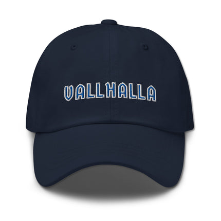 Blue embroidered baseball cap featuring Norse mythology and Viking warrior designs.