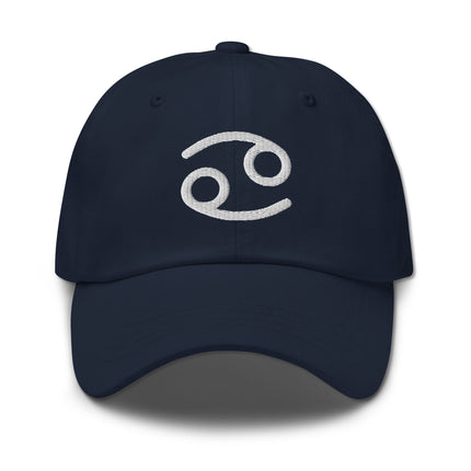 Embroidered Cancer zodiac sign baseball cap featuring the astrological symbol.