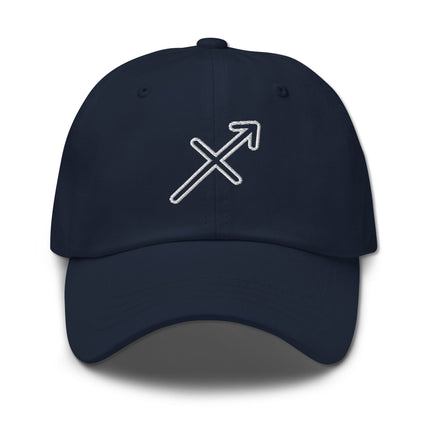 Embroidered Sagittarius zodiac outline dad cap featuring the archer constellation symbol.