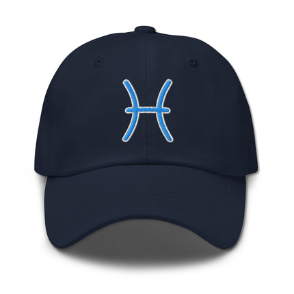 Blue embroidered baseball cap featuring the Pisces zodiac symbol. Astrology sign headwear.