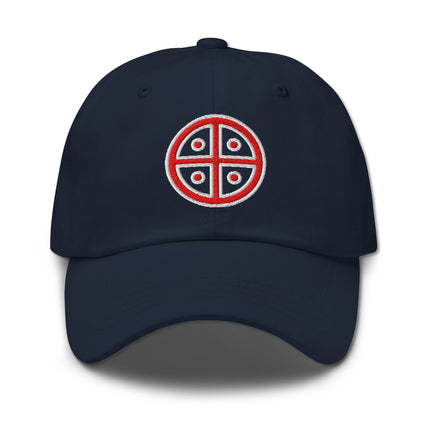 Red embroidered solar cross symbol dad hat baseball cap for men.