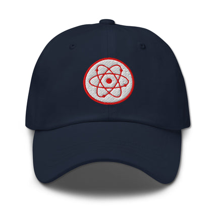 Black cap with embroidered radioactive atom symbol; perfect physics or science gift.