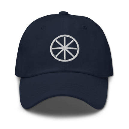 Unstructured cotton dad hat with embroidered Celtic Wheel design.