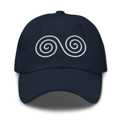 Embroidered baseball cap featuring a celtic double spiral infinity symbol design.