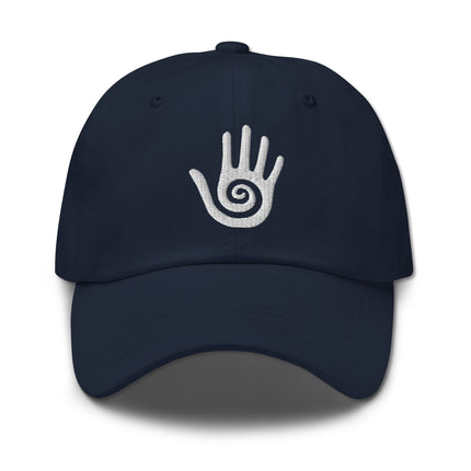 Baseball cap with embroidered Hopi healing hand symbol design for Native American style.