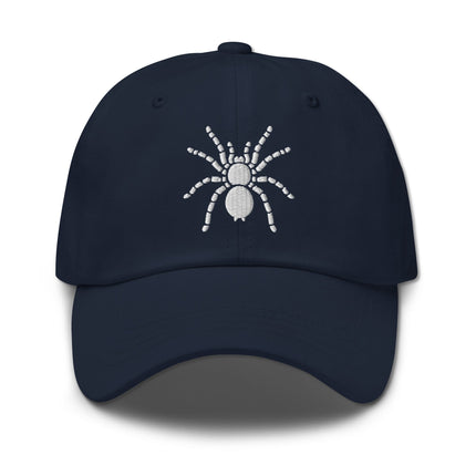 Black embroidered tarantula spider design on a casual black baseball cap.