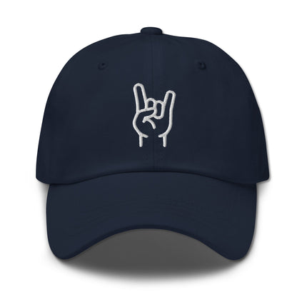 Embroidered Sign of the Horns hand gesture baseball cap for rock and metal fans.