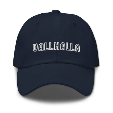 Embroidered Valhalla baseball cap featuring Norse mythology and Viking warrior designs.