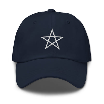 Embroidered pentagram dad hat featuring a witchcraft symbol on unstructured cotton cap.