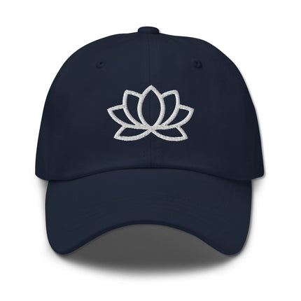 Embroidered lotus flower dad hat in unstructured cotton baseball cap style.